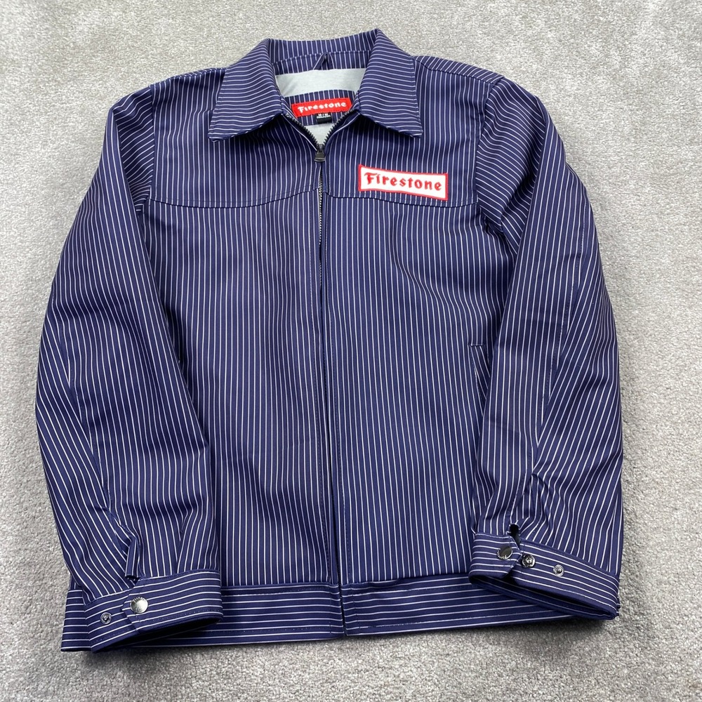 Firestone Work Jacket Mens Medium Navy Blue Pinstripe Mechanic Garage FS220001